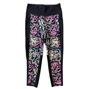 Lularoe “Rise” Capri Women's Leggings in Black and Neon Floral Side Pockets Med